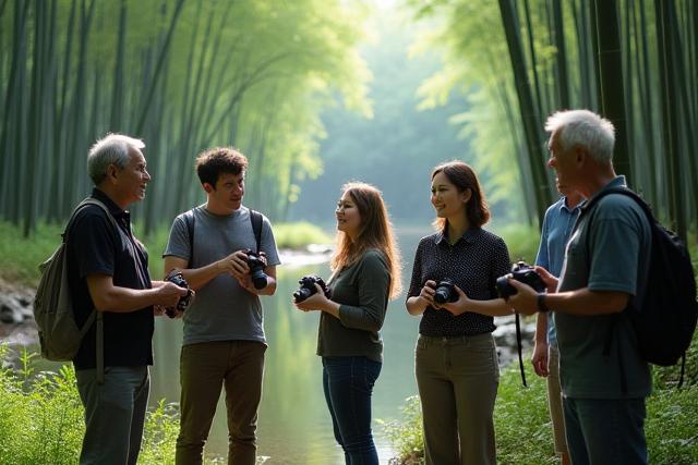 日本の美しい景色を撮影する写真ワークショップの参加者たち
